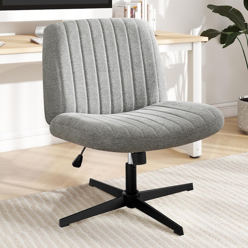 Home Office Desk Chair Criss Cross Legged Office, Wide Comfty Desk, Wheels Armless Computer Task, Swivel Vanity Home Chair - Grey