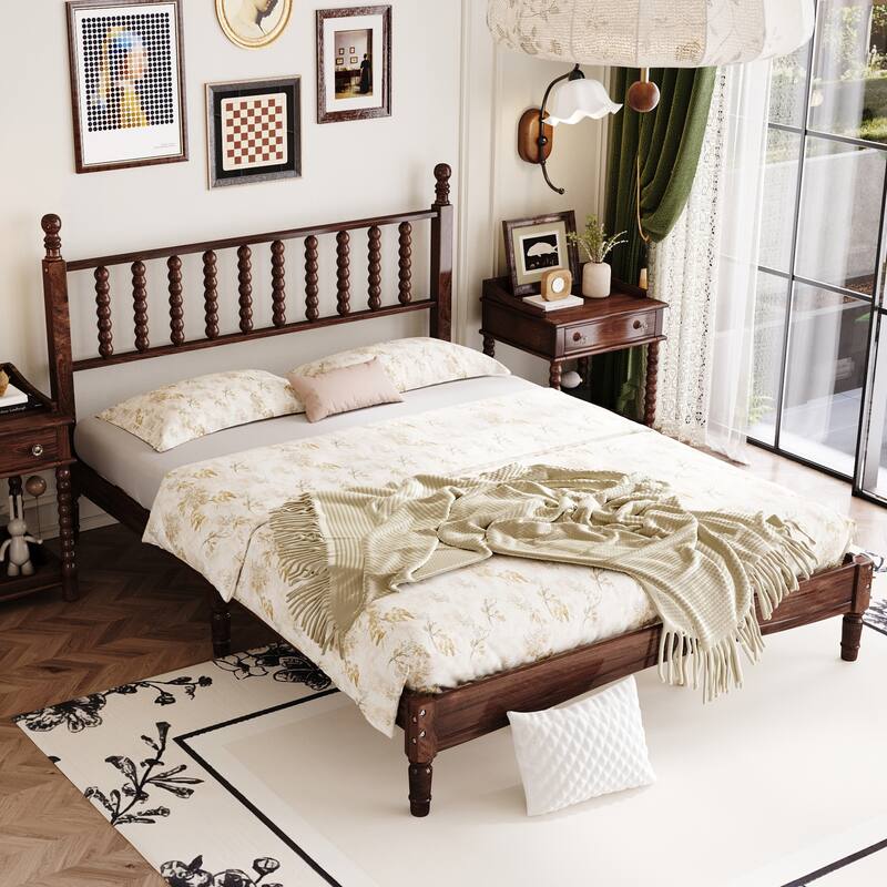 Queen Size Retro Platform Bed - Gourd-Shaped Headboard, Solid Wood Frame