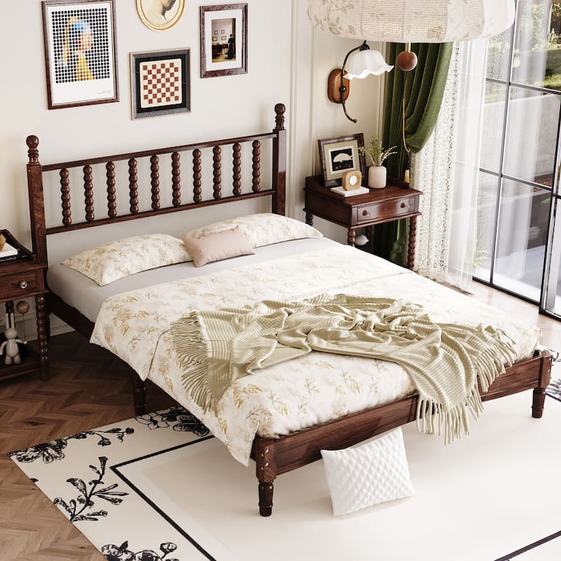 Wood Platform Bed Queen Size Retro Style Bed Frame with Gourd Shaped Headboard, Wood Slat Support, No Box Spring Needed