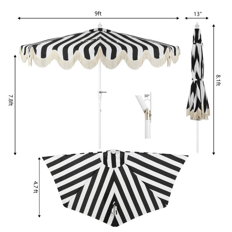 9ft Half Market Umbrella, Scalloped, Crank, Tilt, UV, by JONATHAN Y