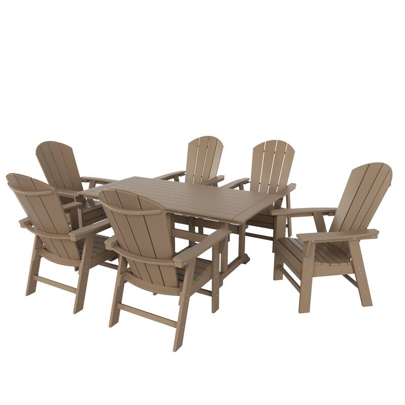 Laguna Hdpe All Weather Outdoor Patio Rectangular Adirondack Dining Chairs With Table (7-Piece Set) - Weathered Wood