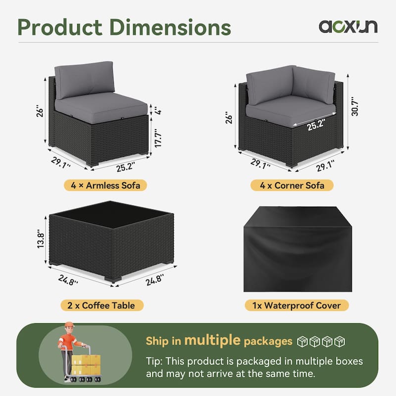 AOXUN Wicker Rattan Outdoor Sectional Sofa Set with Coffee Table