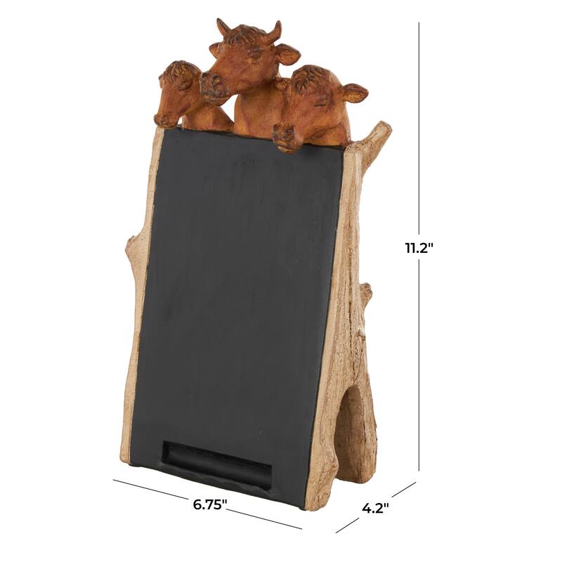 Polystone Cow Chalkboard Decorative Sign with Brown Tree Trunk Frame - Black - Roche River Decor