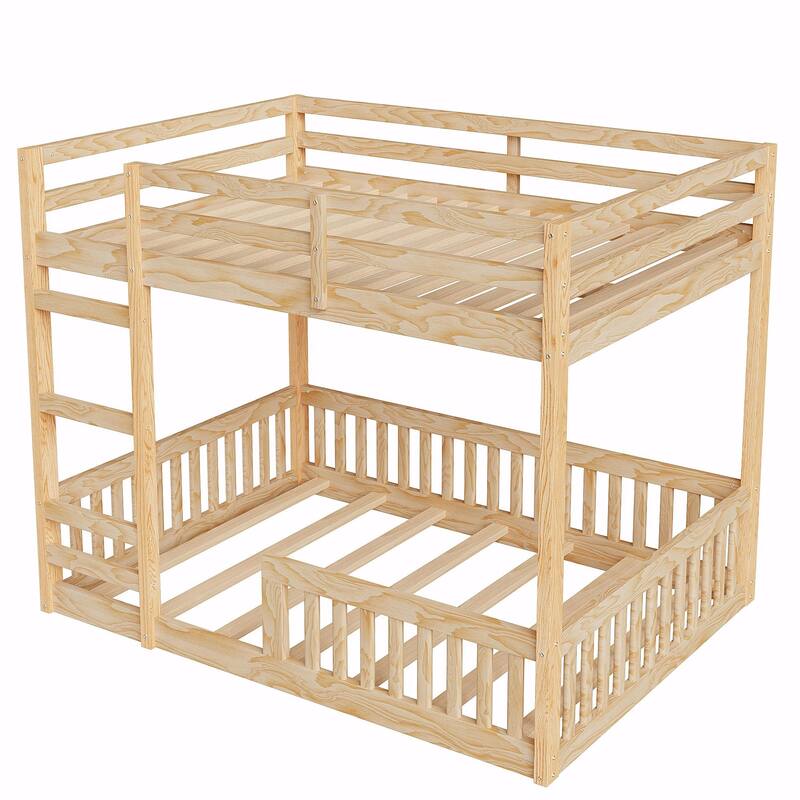 Full over Full Wooden Bunk Bed with Ladder and Guardrails