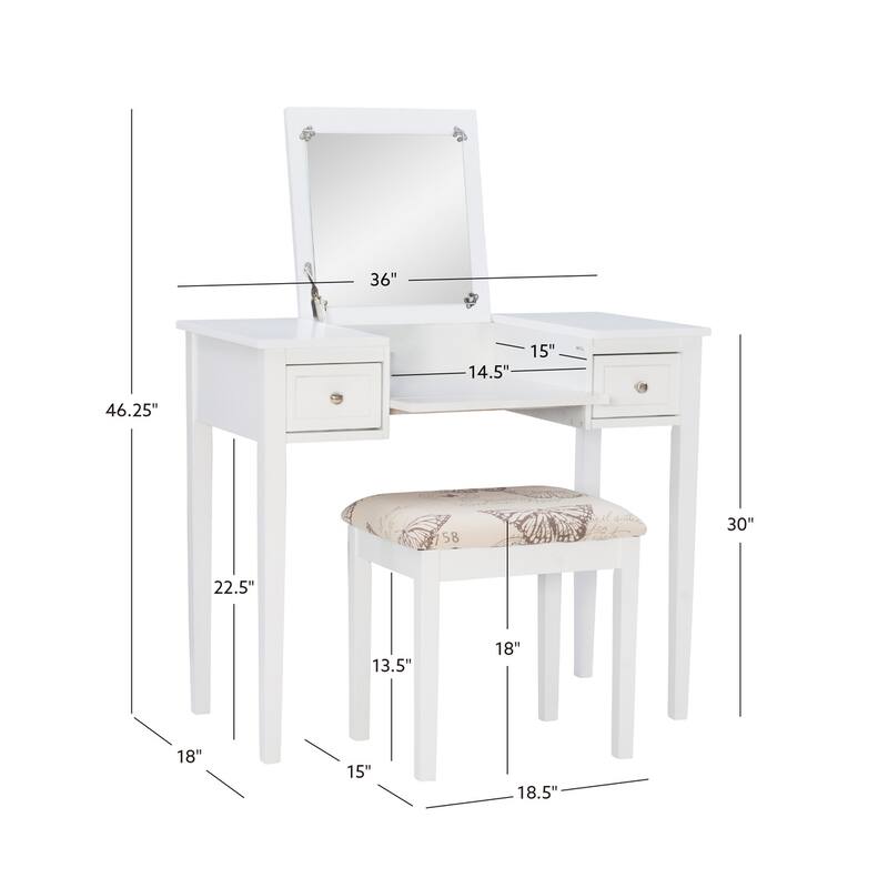 Linon Alcea White Vanity Table with Mirror & Stool