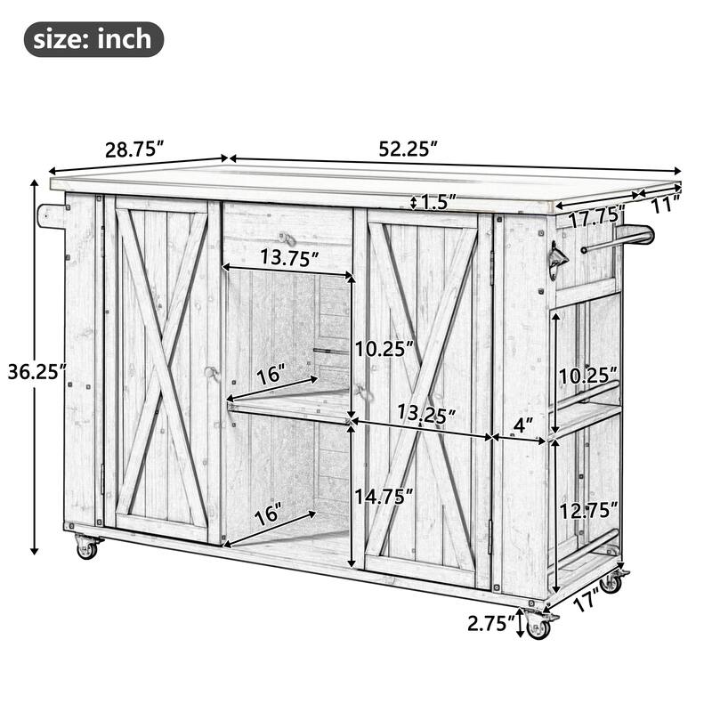 Outdoor Wood Kitchen Island w/ Stainless Steel Top,Towel,Bottle Opener