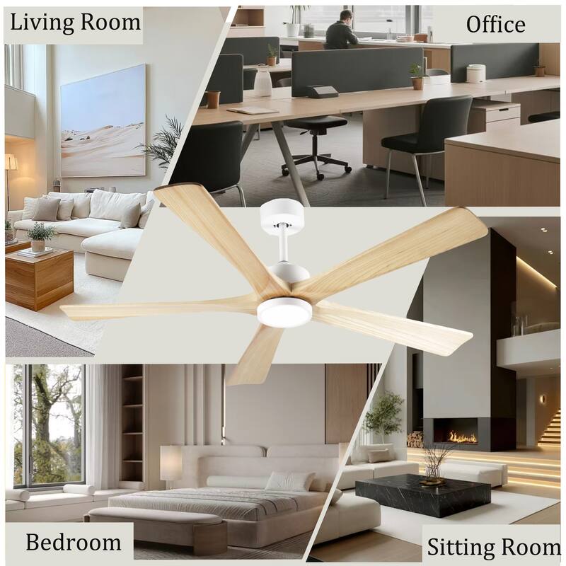 60-Inch Ceiling Fan with Light, 5 Solid Wood Blades, Downrod Mount for Sloped Ceiling ≤15°, Quiet Reversible DC Motor