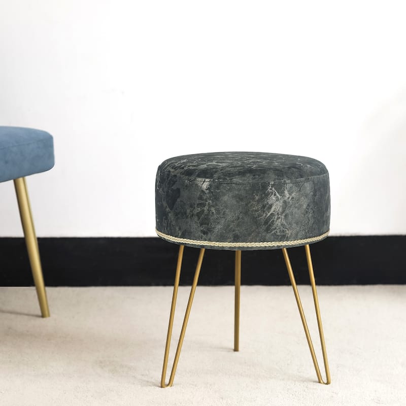 Adeco Footstool Round Ottoman Velvet Dressing Stool Gold Metal Legs - Dark Grey