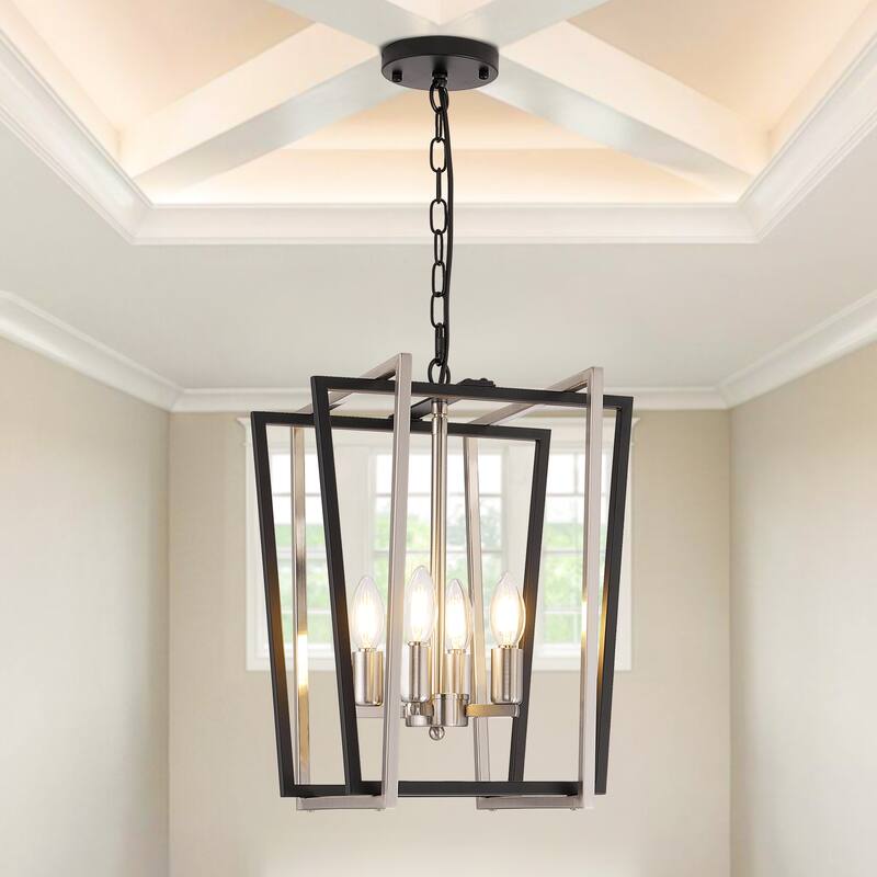 12-Inch Modern Chandelier, 4 Light Lantern Chandeliers Geometric Square Dining Room Lighting Fixtures for Kitchen Islands - N/A - Black&Silver