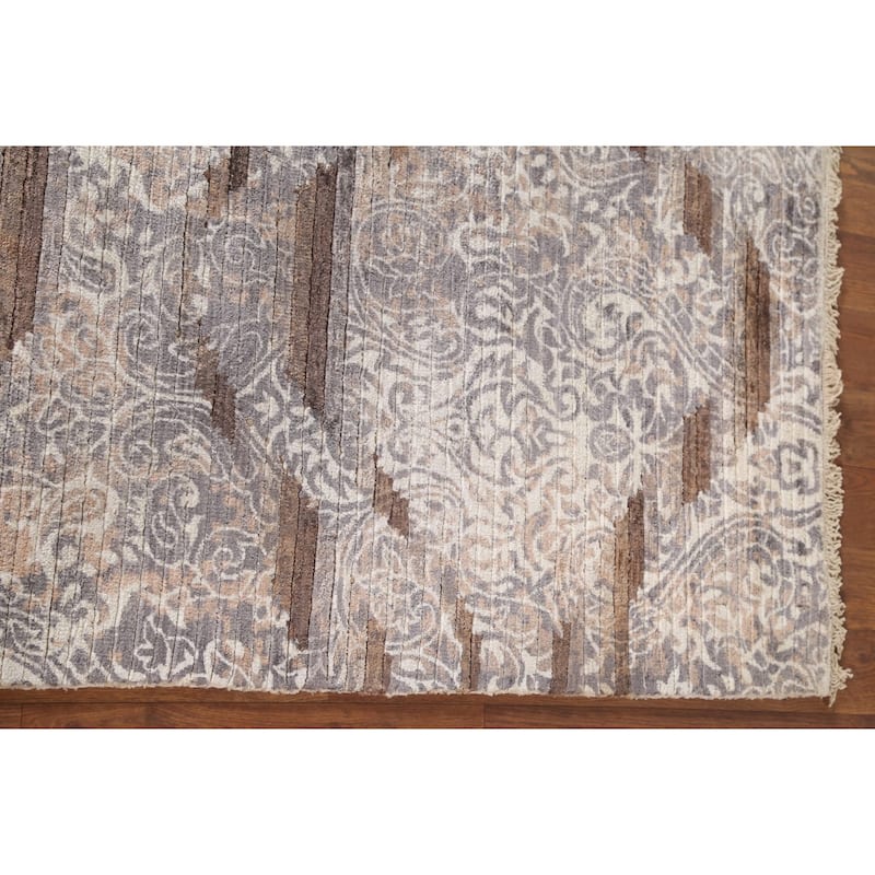 Beige Striped / Abstract Indian Area Rug Handmade Wool Carpet - 3'10"x 6'0"