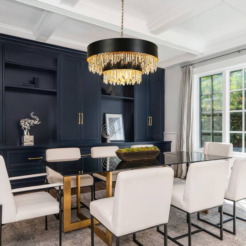 Modern Black Gold 18-Light 2-Tier Drum Crystal Chandelier for Dining Living Room Hallway - 31.5" Dia. x 18.3" H