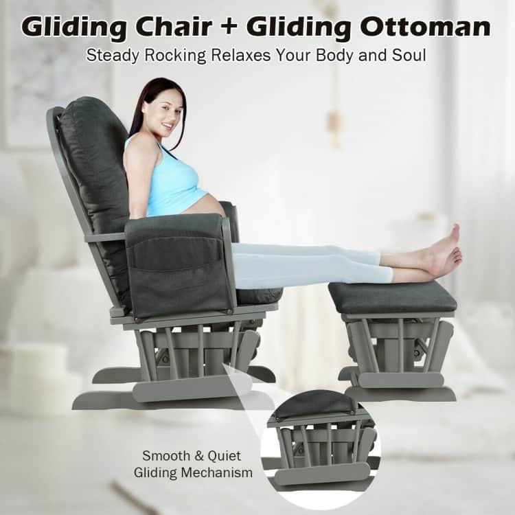 Solid Wood Gliding Chair Set with Storage Pockets and Ottoman for Relaxing - 29.5" x 28.5" x 39.5" (L x W x H)