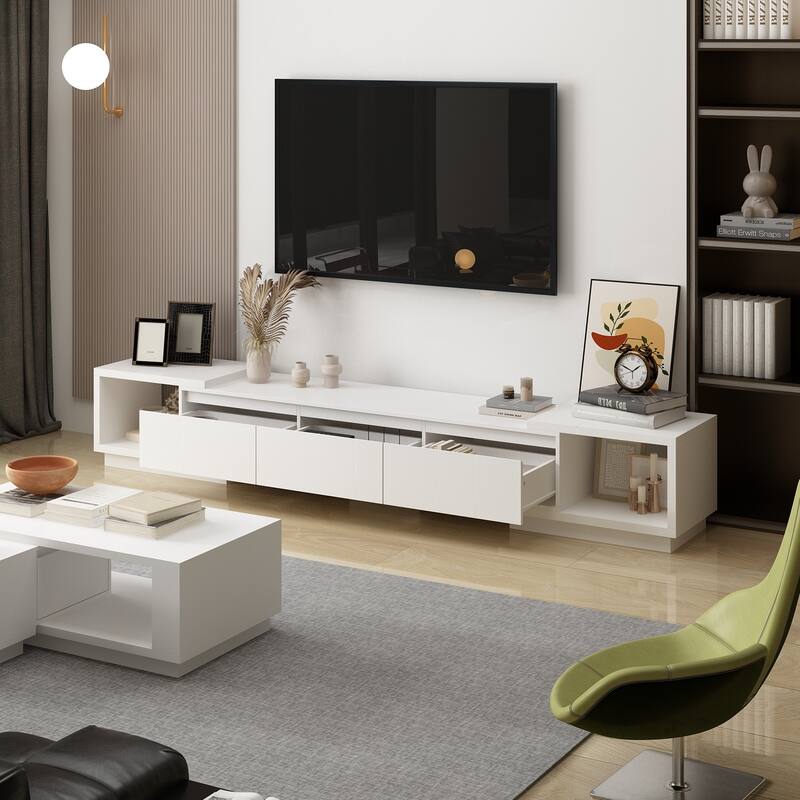 Modern Style Extendable TV Stand with 3Drawer White/Black 65.4"-106.3" Entertainment Center Table