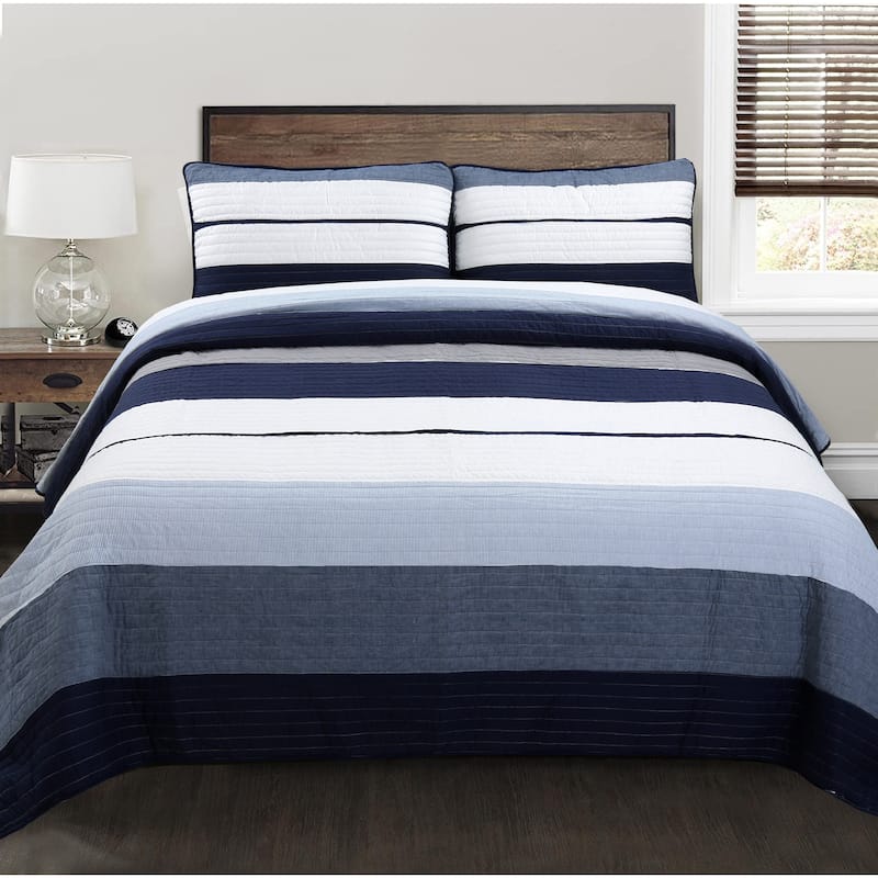Cozy Line Tranquil Blue Gray Stripes Cotton Quilt Bedding Set