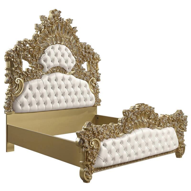 Heverford White and Gold Eastern King Scrolled Floral Bed
