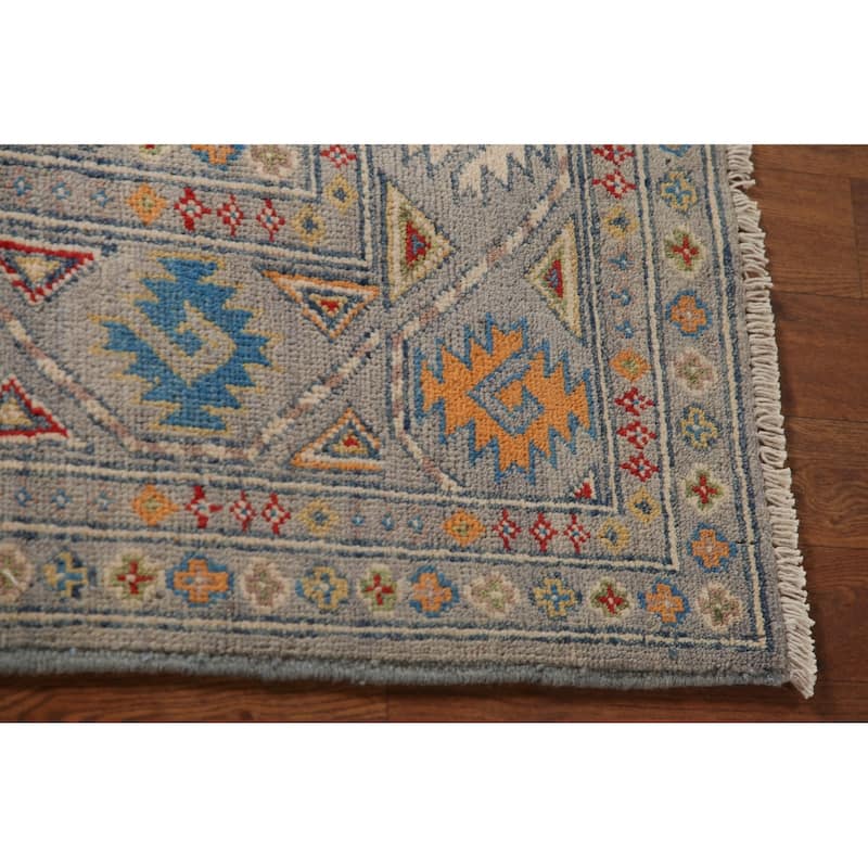 Traditional Kazak Area Rug Hand-Knotted Grey Wool Carpet - 4'0" x 5'11"