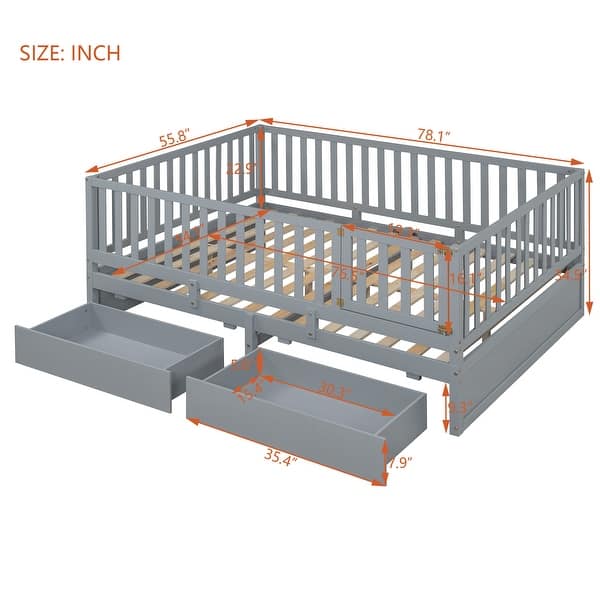 dimension image slide 4 of 5, Wood Cribs Convertible Toddler Bed with Fence Guardrails and 2 Drawers Split into Independent Floor Bed and Daybed Slat Support
