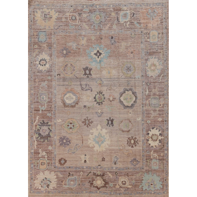 Hand Knotted Oriental 100% Wool Carpet Transitional All-Over Brown Oushak Area Rug - 10' 6'' X 8' 0''
