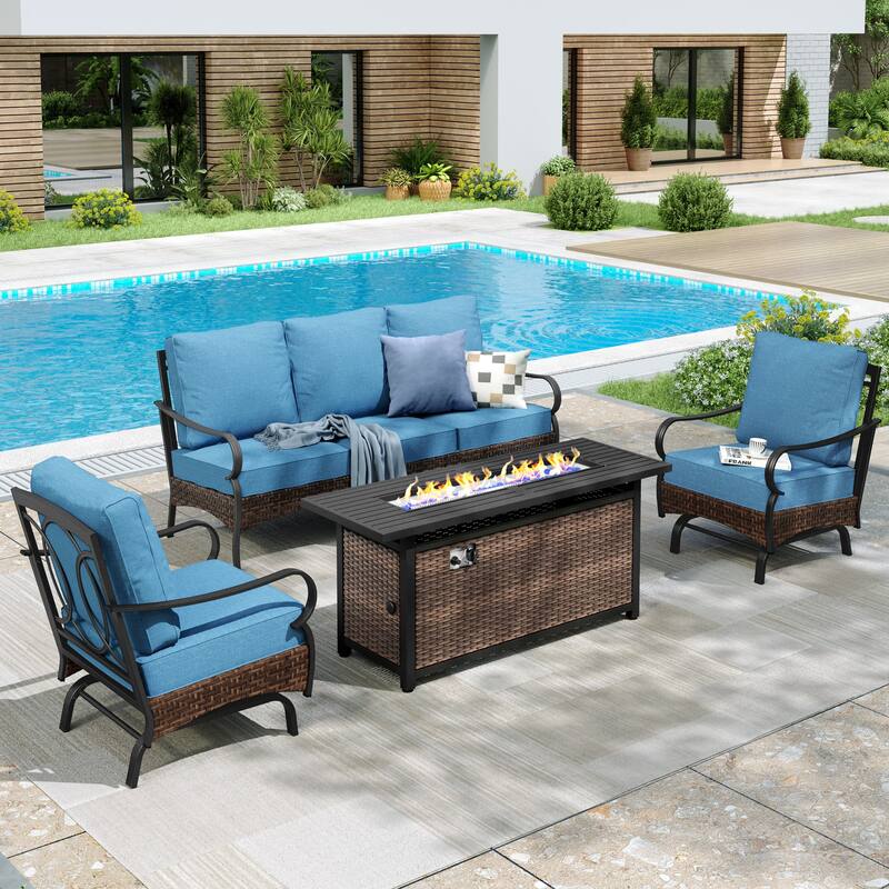 MAISON ARTS Patio Furniture Set with 56" Fire Pit Table, Deep Seating Sofa & Swivel, Rocking, and Fixed Chairs (5 Seats, Beige) - Rocking Chair - Denim Blue