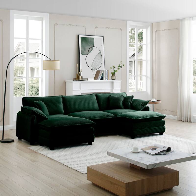 Green 5-piece Corduroy U-Shaped Modular Sectional Sofa with 2 Ottomans & 5 Pillows