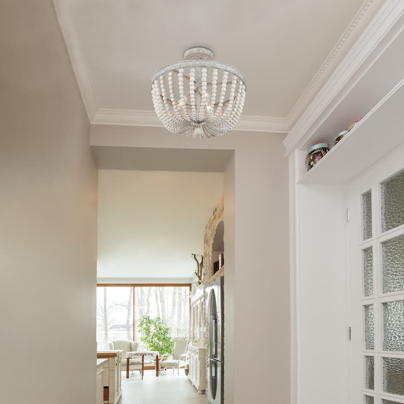 Modern Boho 3-Light Coastal Wood Beaded Semi-Flush Mount Light for Bedroom - D16.1"x H13.4"