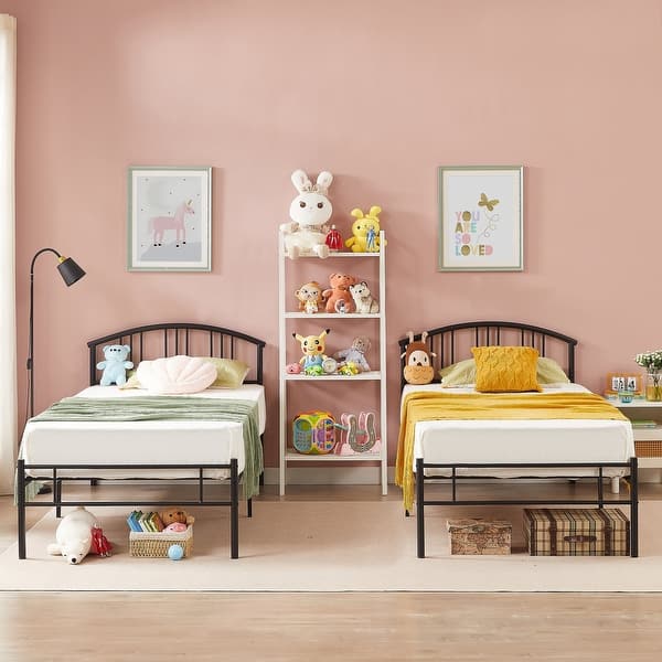 slide 2 of 34, VECELO 2-Pack Twin Kids Beds with Hollow Headboard 37.2" Height Modern Bed Set of 2 Matching Minimalist Children's Bedroom