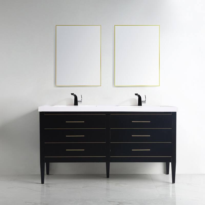 Ayer 60" Double Bathroom Vanity Set - Brass Finish - Black - Brass Trim