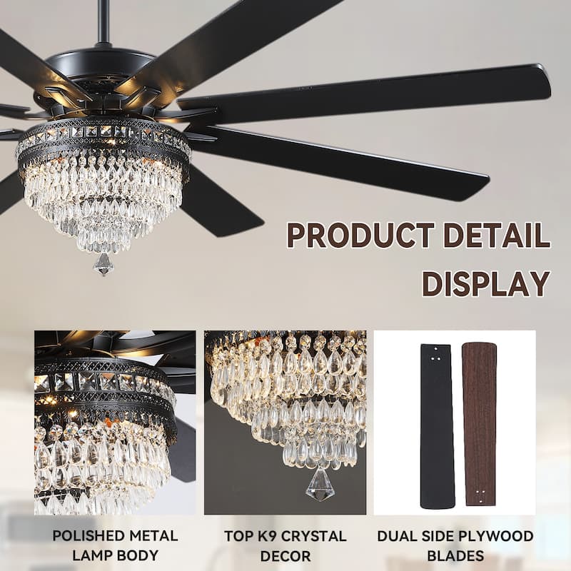 52" or 62" Crystal Ceiling Fan Chandelier with Lights,Remote Control, Timer,Reversible Motor