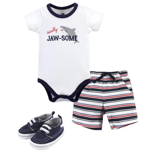 slide 1 of 1, Hudson Baby Infant Boy Cotton Bodysuit, Shorts and Shoe 3pc Set, Jawsome 0-3 Months - Jawsome