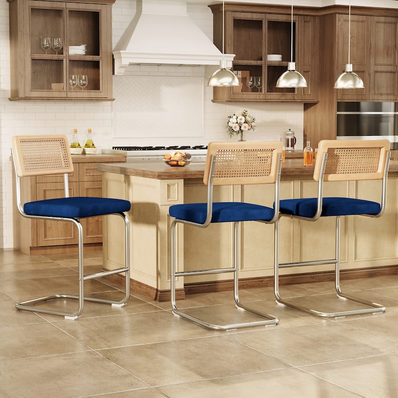 Set of 3 Counter Height Bar Stools with Woven Rattan Back and Footrest for Kitchen Island - 26" H - Navy Blue