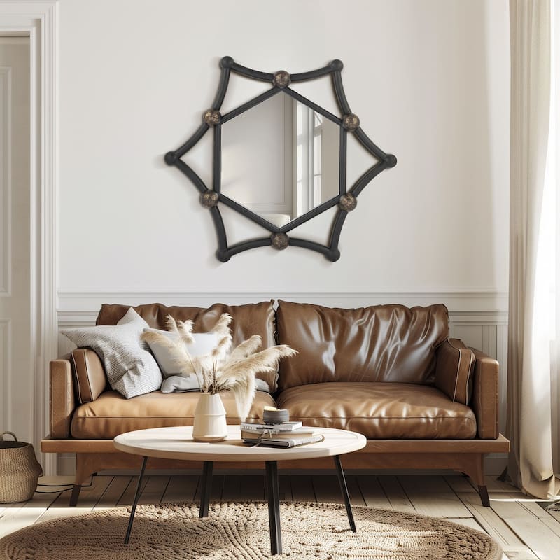 MacLuu Industrial Hexagon Black Metal Pipe Mirror for Wall Decor - 35.43" W x 35.43" H x 2.76" D
