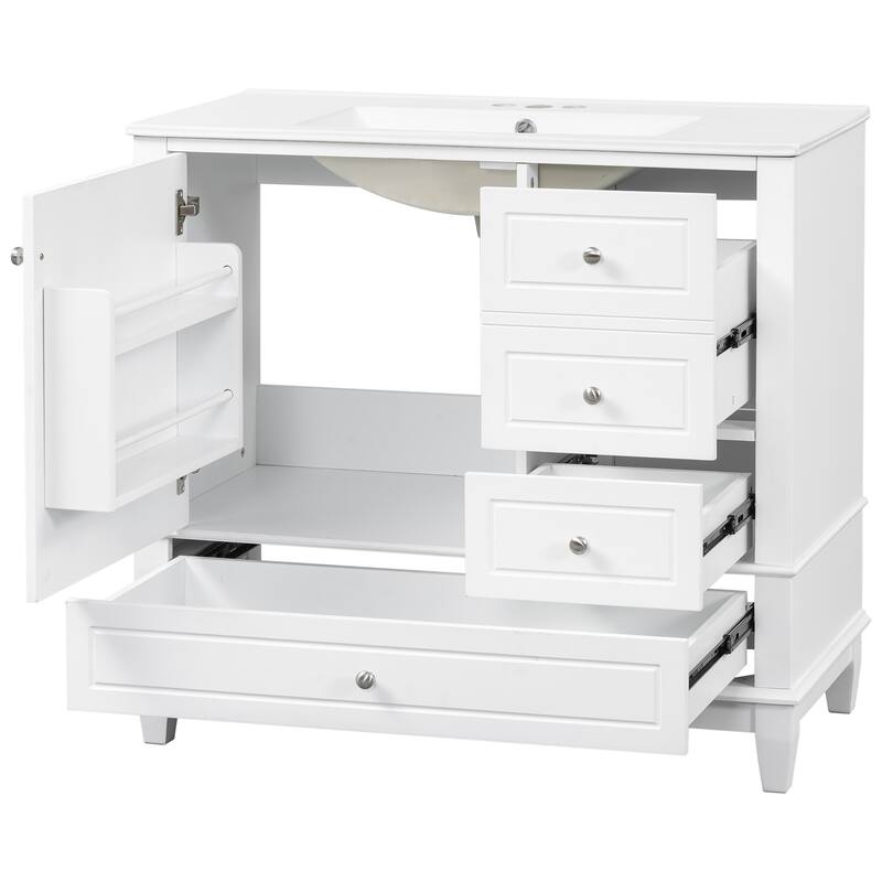 Roomfitters 36" Bathroom Vanity with Ceramic Sink, Solid Wood Frame, 3 Drawers & Soft-Close Door with Racks
