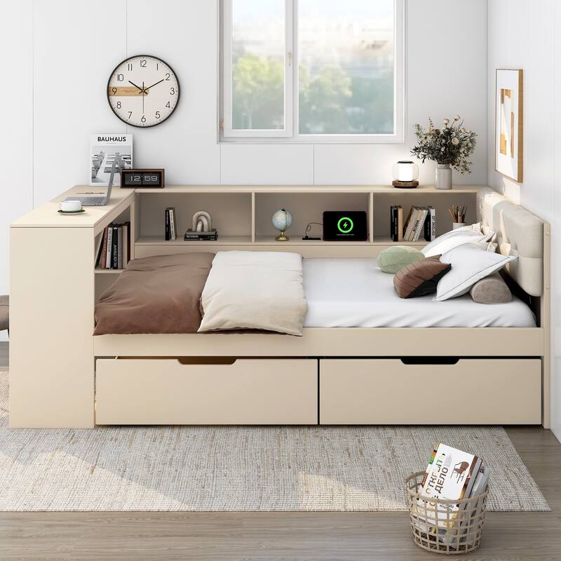 Full Size Solid Wood Platform Bed with Upholstered Headboard, USB Charging Station and 2 Storage Drawers