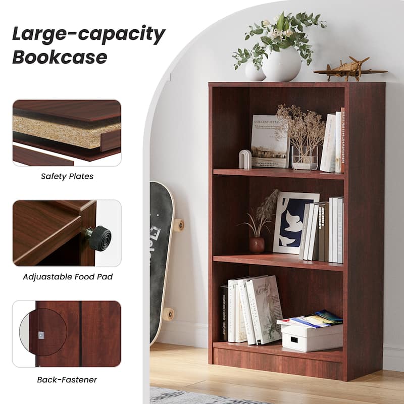 Bookcase Freestanding 3 Shelf Wood Bookshelf Adjustable Shelves for Home Office, 3 Layer