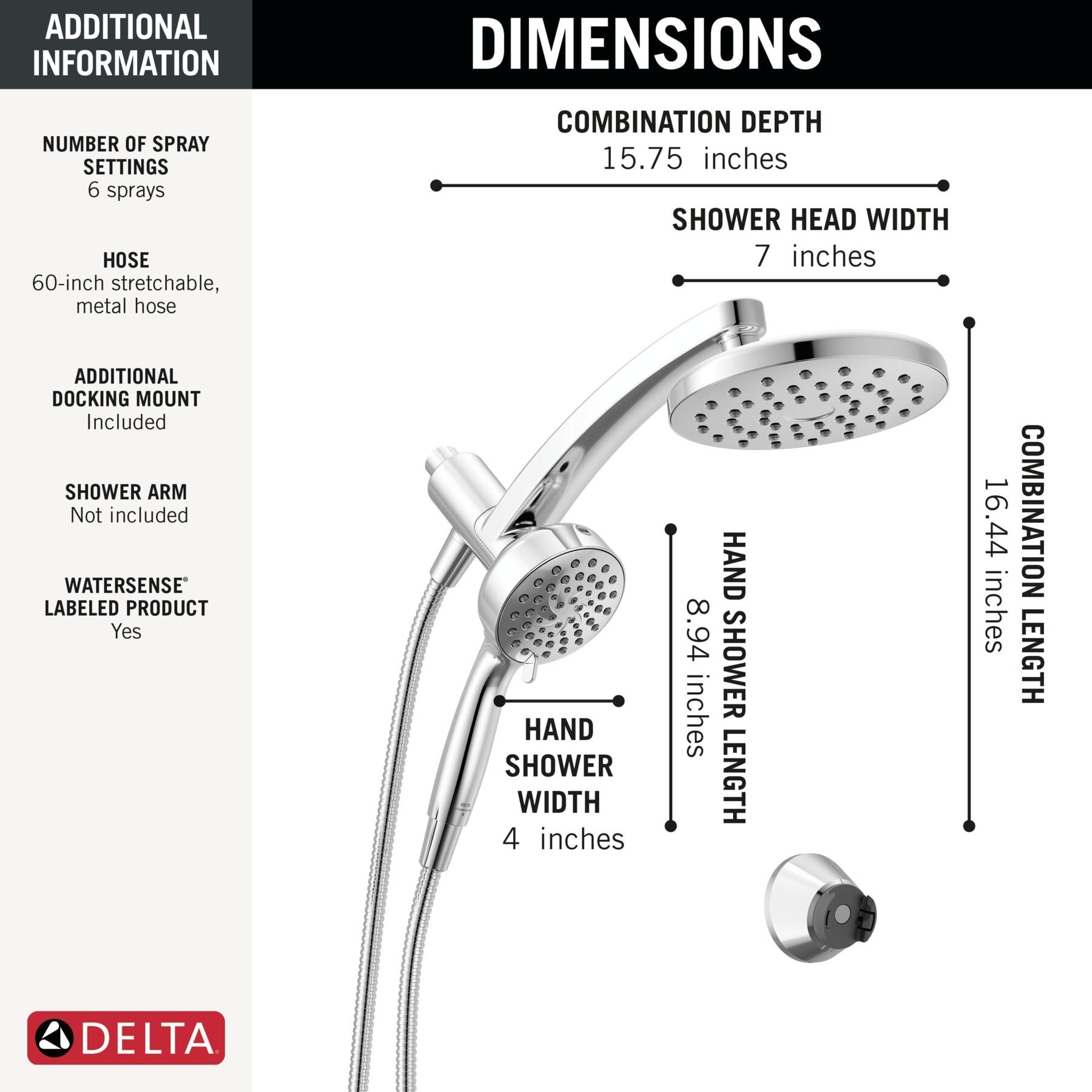 Delta 75649 PivotPro 1.75 GPM 3-in-1 Shower Head and 6 Setting