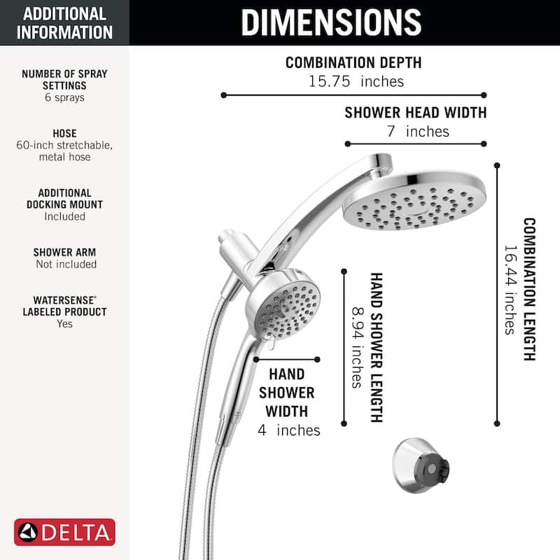 Delta 75649 PivotPro 1.75 GPM 3-in-1 Shower Head and 6 Setting Hand