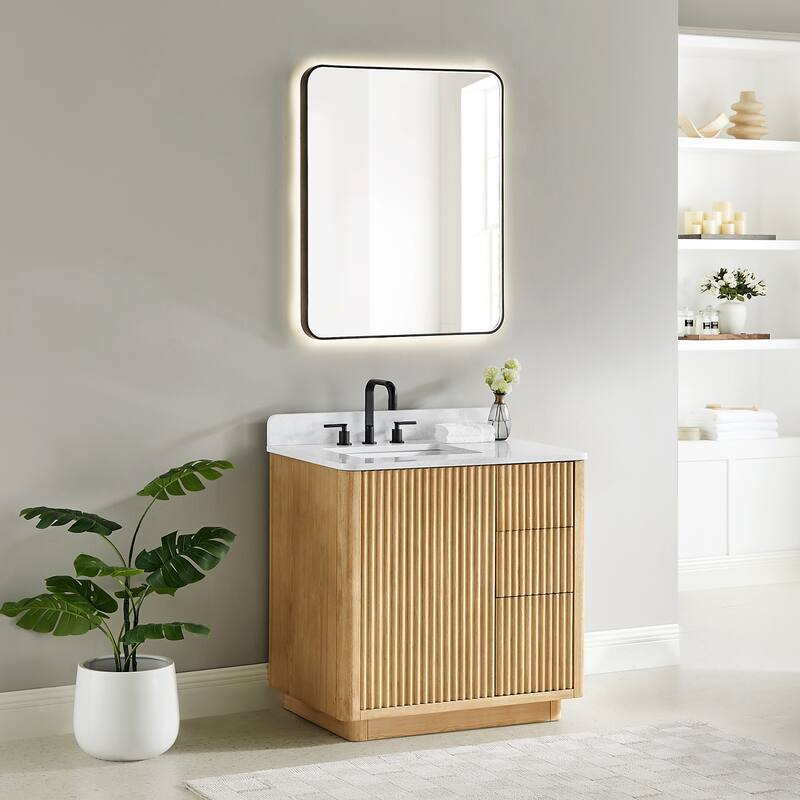 Clayton Bathroom Vanity in Washed Light Brown with Grain White Engineered Stone Countertop with Mirror