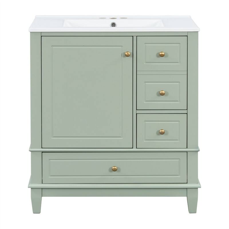 30" Bathroom Vanity with Ceramic Sink, Freestanding Bathroom Vanity Cabinet w/ 3 Storage Drawers, 1 Soft Close Door & Door Shelf
