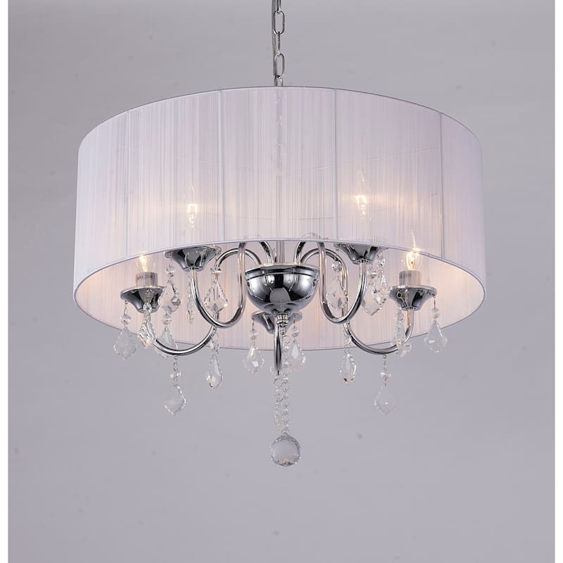 5 Light Chrome Metal Chandelier with White String Shade & Crystal Accents - D22'' H17''