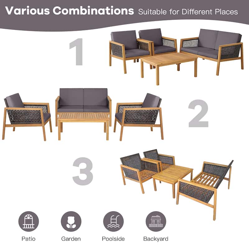 4 PCS Outdoor Acacia Wood Furniture Set Patio Conversation Set