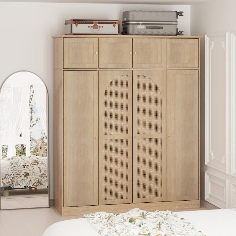 Rattan Decorative Doors Wardrobe Closet with Hanging Rod & Shelves, Large Capacity Armoire Clothing Storage Cabinet