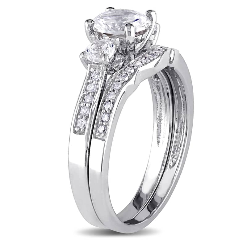 Miadora 10k White Gold Created White Sapphire and 1/6ct TDW Diamond 3-stone Bridal Ring Set (G-H, I2