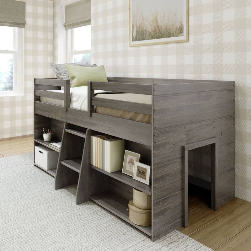 Max and Lily Farmhouse Twin Low Loft Bed with 2 Bookcases - Driftwood