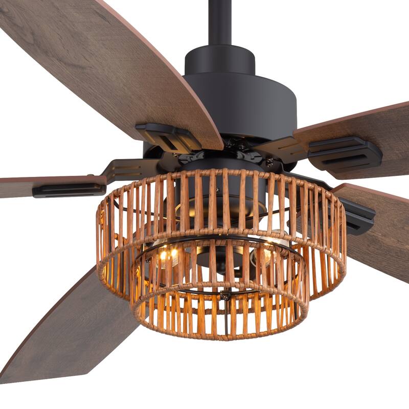 52-inch Farmhouse Ceiling Fan with Light and Remote(5 Reversible Blades）