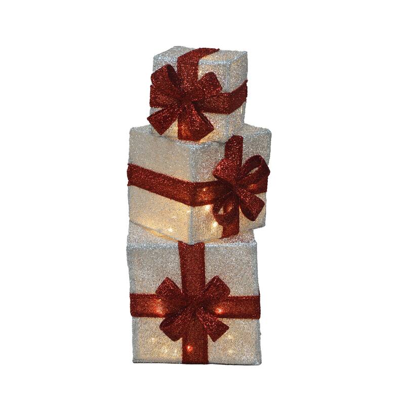 Candy Cane Lane 3D Led Pre-Lit Yard Art Presents; Silver Box W/Red Bows 8",10"12 Nested