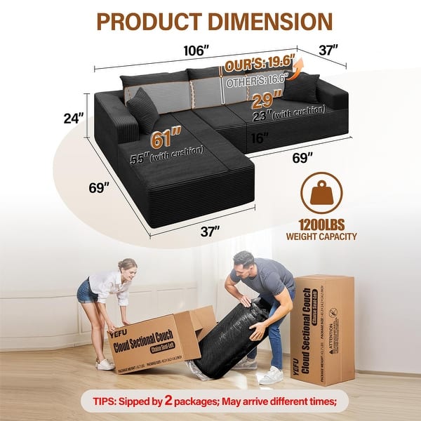 dimension image slide 2 of 9, WINSOON Plush Modular Sectional Sofa with Pillows