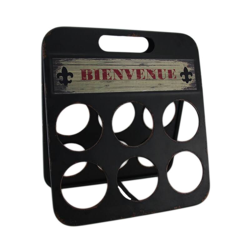 Fleur De Lis Bienvenue Distressed Metal 6 Bottle Wine Holder - 14.5 X 13.5 X 7.5 inches