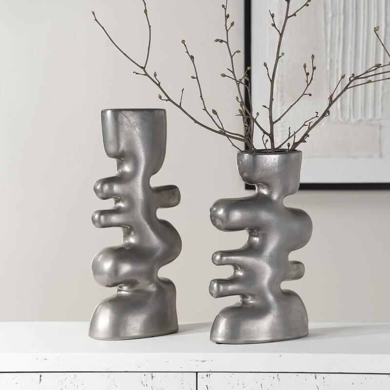 Abstract Style Ceramic Vases - 14" - Nickel Finish - Set of 2