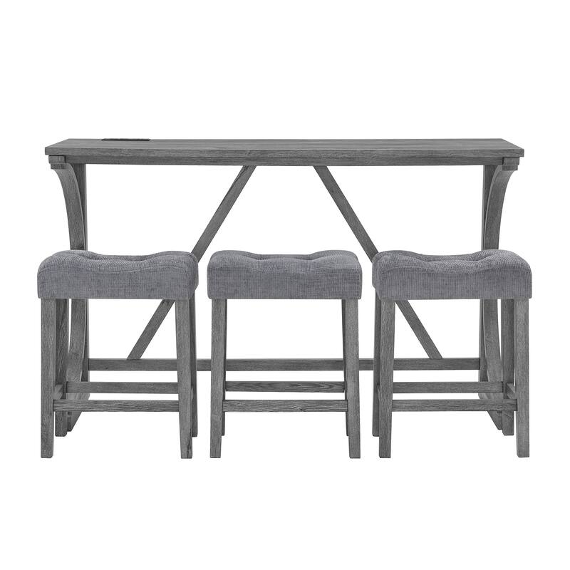 59" Bar Table Set with Power Outlet, Industrial Breakfast Table with 3 Stools, 4 Piece Counter Height Bar Table and Chair Set