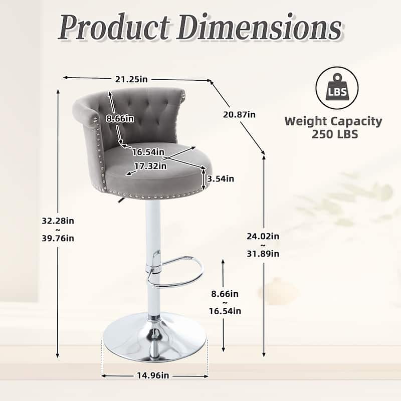 Velvet Upholstered Tufted Nailheads Swivel Adjustable Height Bar Stools with Silver Footrest(set of 2)